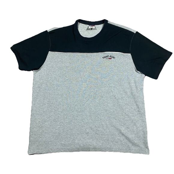 Tommy Jeans Y2K 2003 Colorblock T-Shirt Gray Black Crewneck Embroidered Logo XL - Picture 1 of 8
